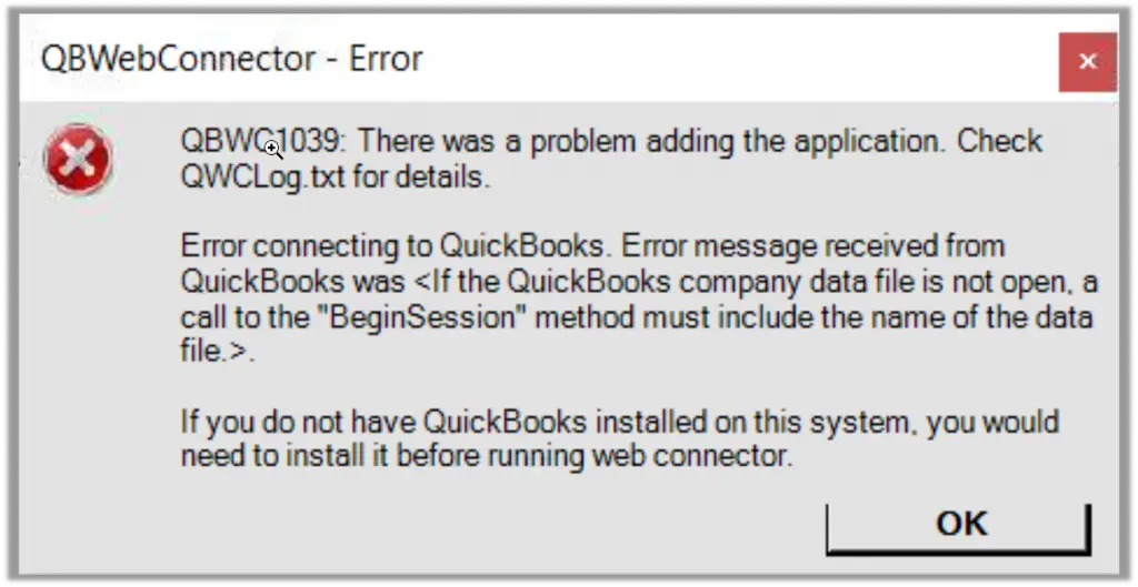 QuickBooks Error QBWC1039