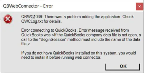 QuickBooks Error QBWC1039